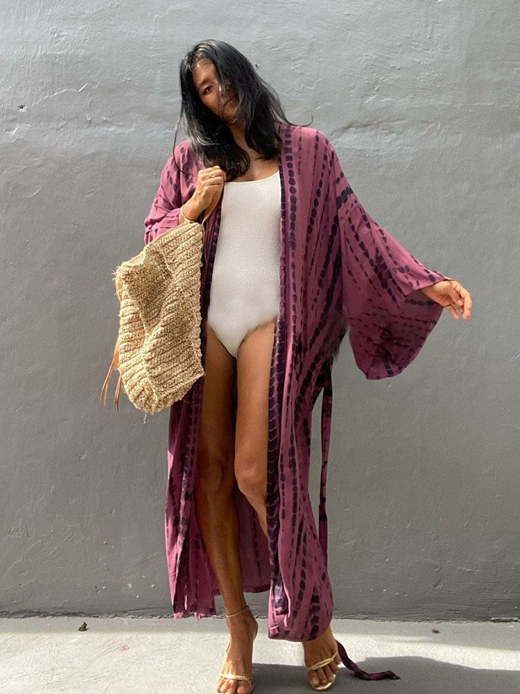 Boho Stripe Tie Dye Swimsuit Cover Up with Belt Tunic Sarong Cardigan Dress Dark red One Size