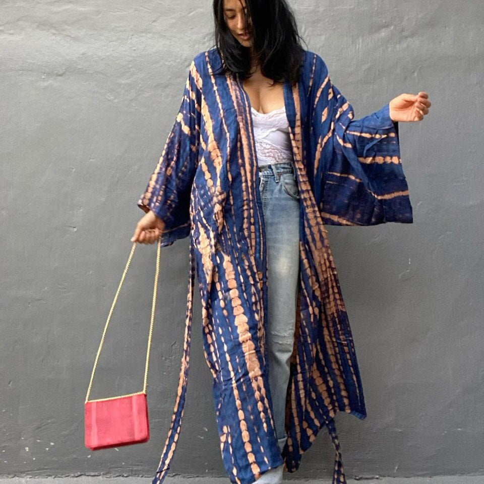 Boho Stripe Tie Dye Swimsuit Cover Up with Belt Tunic Sarong Cardigan Dress Orange Navy One Size