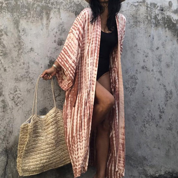 Boho Stripe Tie Dye Swimsuit Cover Up with Belt Tunic Sarong Cardigan Dress
