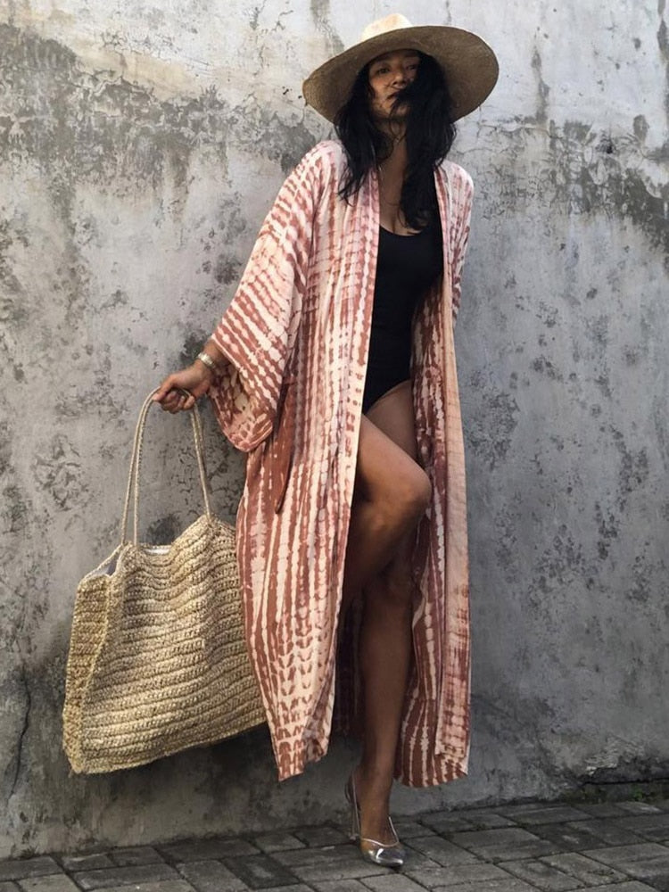 Boho Stripe Tie Dye Swimsuit Cover Up with Belt Tunic Sarong Cardigan Dress