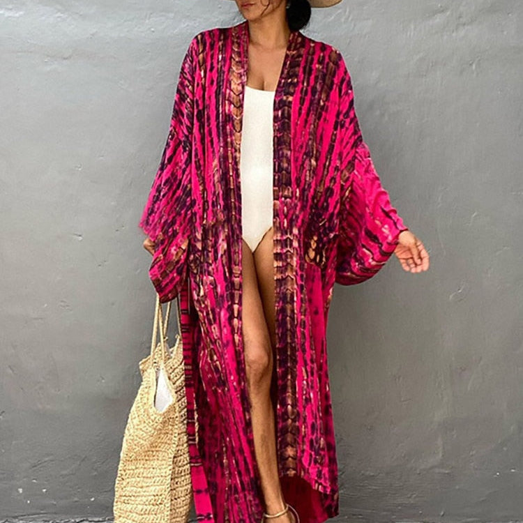 Boho Stripe Tie Dye Swimsuit Cover Up with Belt Tunic Sarong Cardigan Dress Rose red One Size