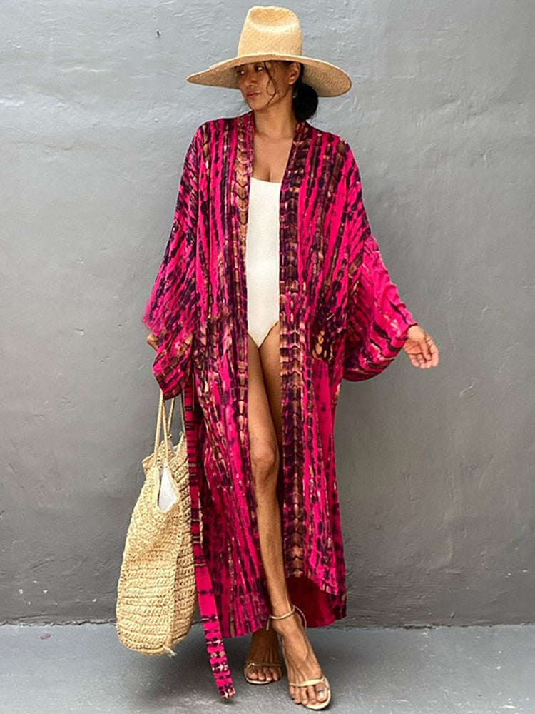 Boho Stripe Tie Dye Swimsuit Cover Up with Belt Tunic Sarong Cardigan Dress Rose red One Size