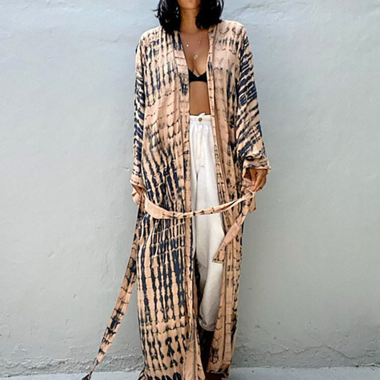 Boho Stripe Tie Dye Swimsuit Cover Up with Belt Tunic Sarong Cardigan Dress Apricot One Size