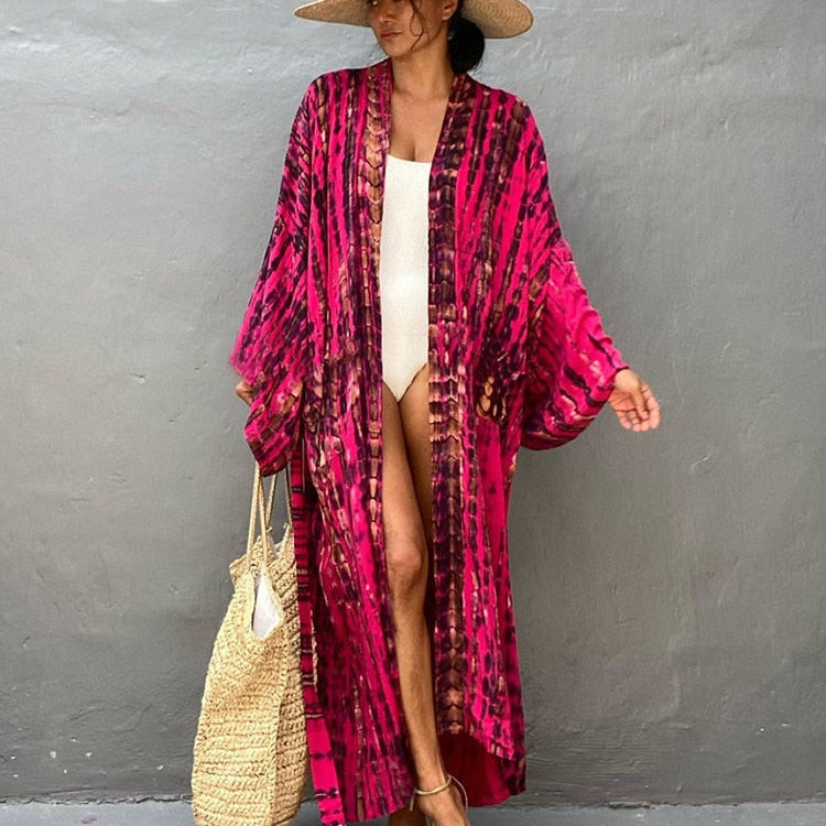 Boho Stripe Tie Dye Swimsuit Cover Up with Belt Tunic Sarong Cardigan Dress AMAIO