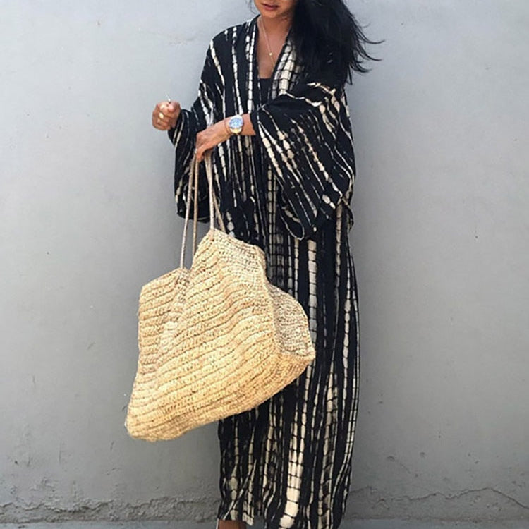 Boho Stripe Tie Dye Swimsuit Cover Up with Belt Tunic Sarong Cardigan Dress Black One Size