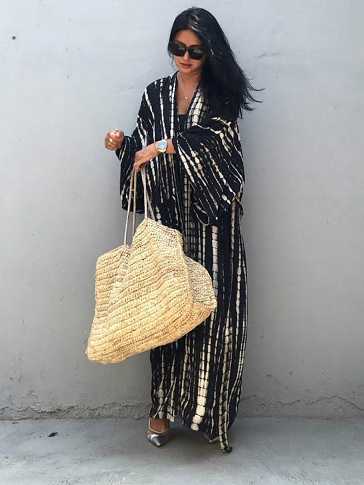 Boho Stripe Tie Dye Swimsuit Cover Up with Belt Tunic Sarong Cardigan Dress Black One Size