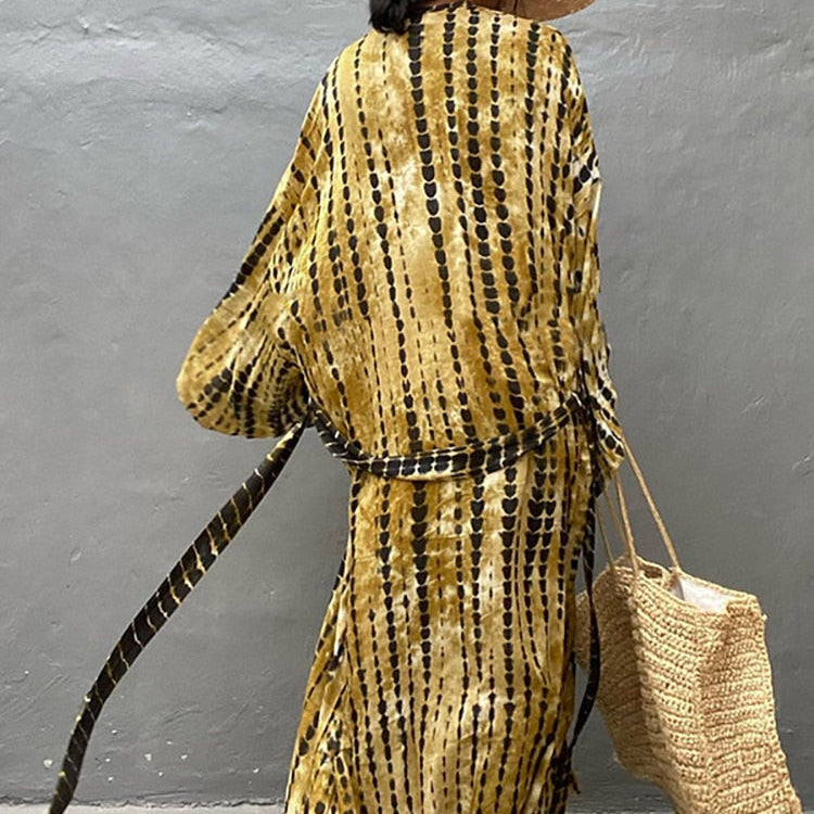 Boho Stripe Tie Dye Swimsuit Cover Up with Belt Tunic Sarong Cardigan Dress Black yellow One Size