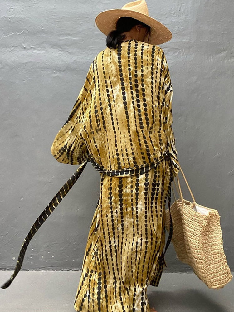 Boho Stripe Tie Dye Swimsuit Cover Up with Belt Tunic Sarong Cardigan Dress Black yellow One Size