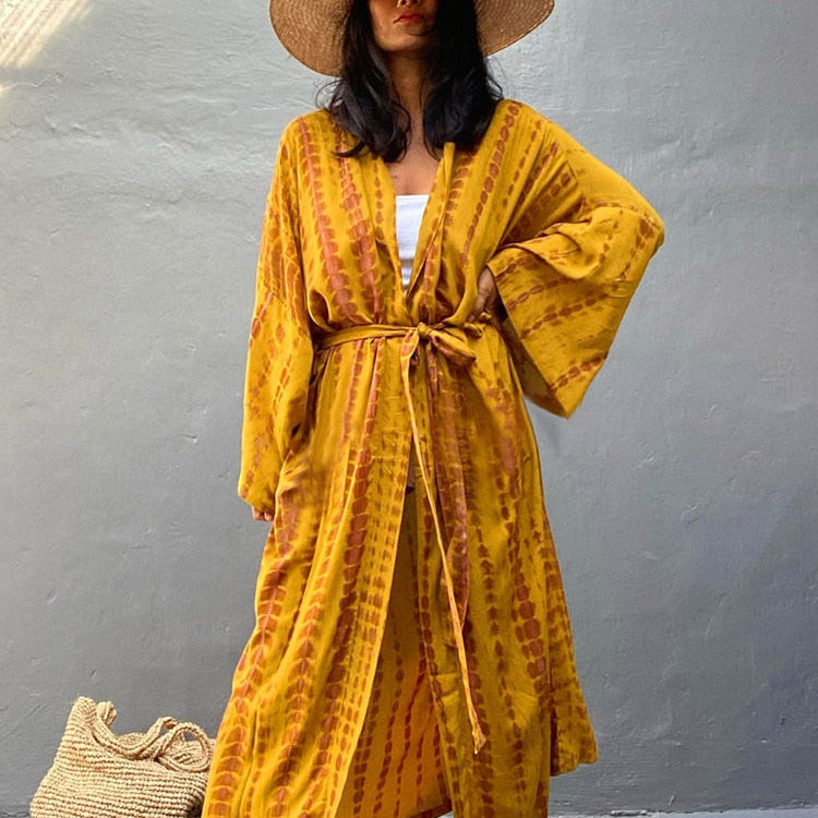 Boho Stripe Tie Dye Swimsuit Cover Up with Belt Tunic Sarong Cardigan Dress Yellow red One Size