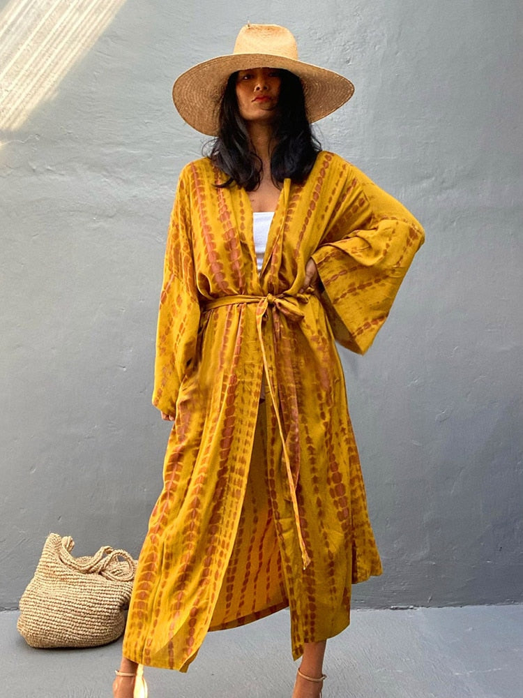 Boho Stripe Tie Dye Swimsuit Cover Up with Belt Tunic Sarong Cardigan Dress Yellow red One Size