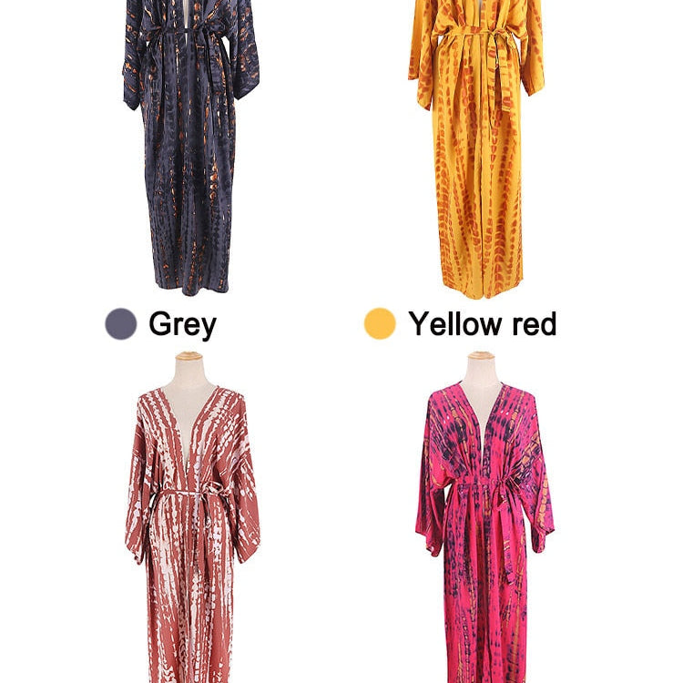 Boho Stripe Tie Dye Swimsuit Cover Up with Belt Tunic Sarong Cardigan Dress