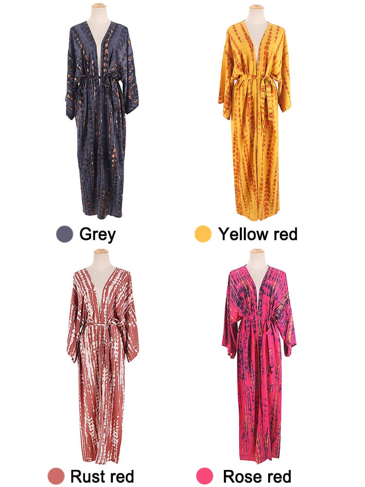 Boho Stripe Tie Dye Swimsuit Cover Up with Belt Tunic Sarong Cardigan Dress