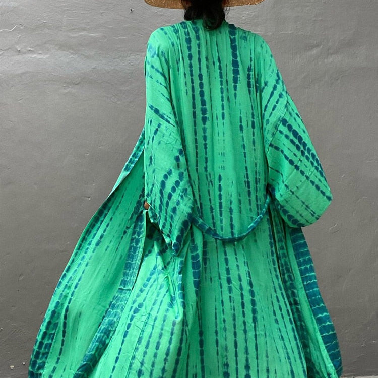 Boho Stripe Tie Dye Swimsuit Cover Up with Belt Tunic Sarong Cardigan Dress