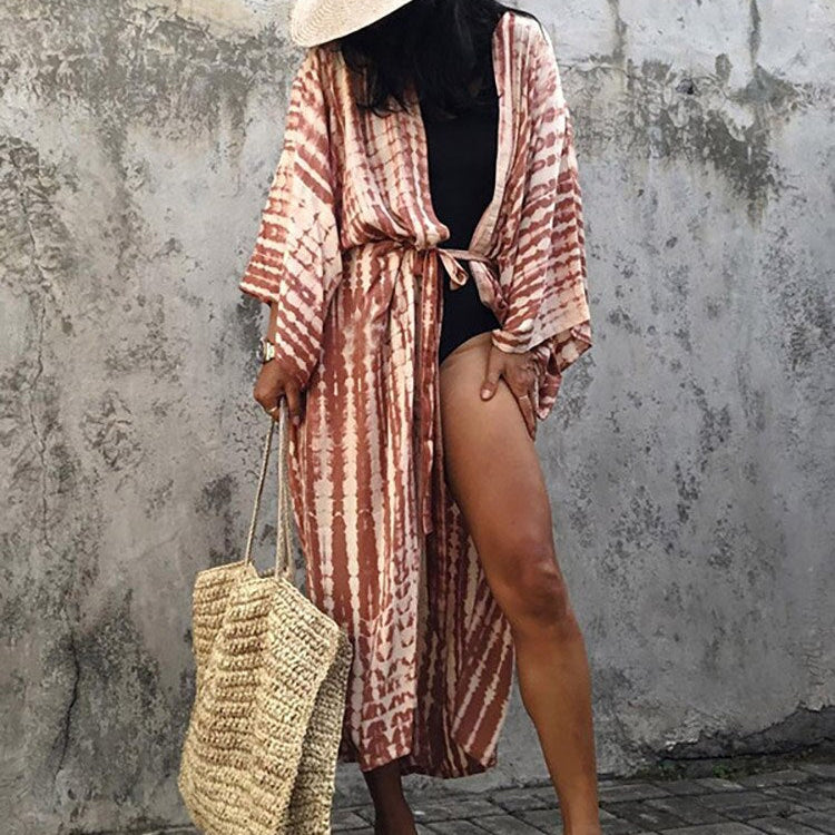 Boho Stripe Tie Dye Swimsuit Cover Up with Belt Tunic Sarong Cardigan Dress Rust red One Size