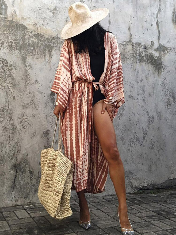 Boho Stripe Tie Dye Swimsuit Cover Up with Belt Tunic Sarong Cardigan Dress Rust red One Size