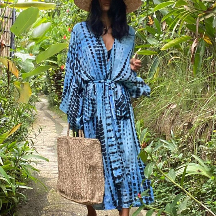 Boho Stripe Tie Dye Swimsuit Cover Up with Belt Tunic Sarong Cardigan Dress Blue One Size