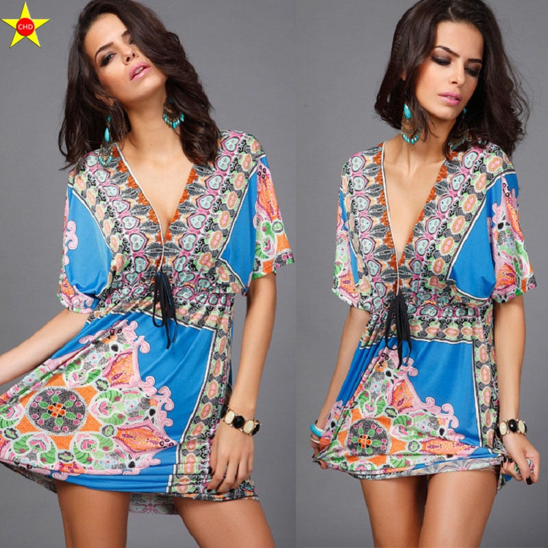 Boho Style NEW Summer Dress Sexy Sundresses Ethnic Print Blue