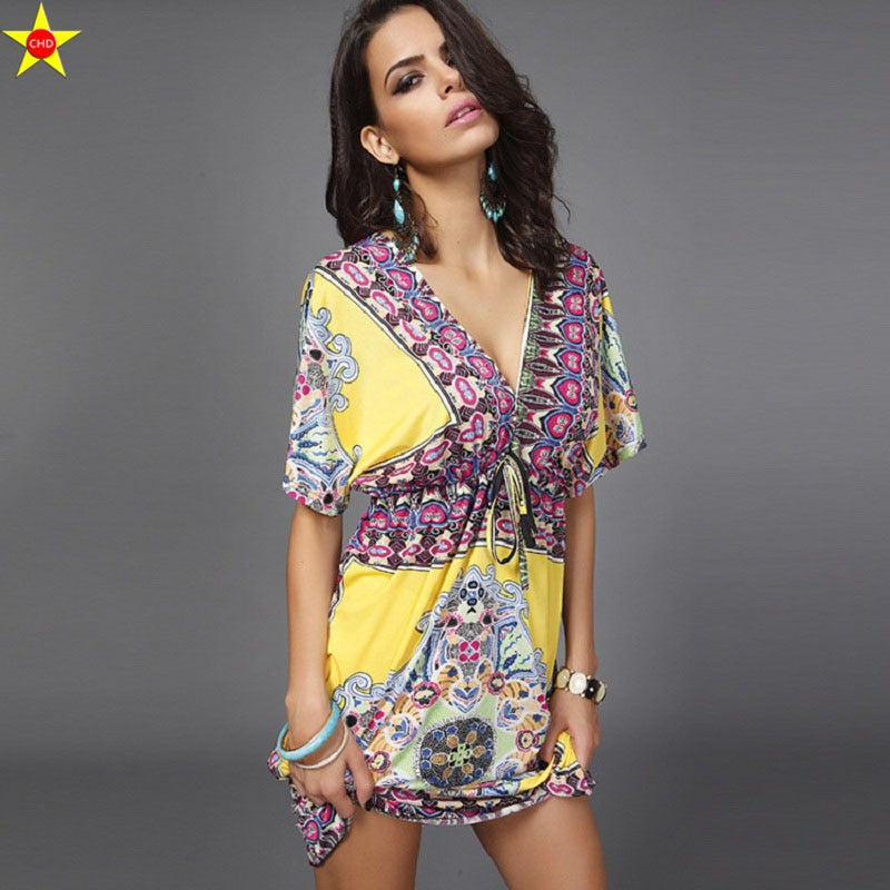 Boho Style NEW Summer Dress Sexy Sundresses Ethnic Print Yellow