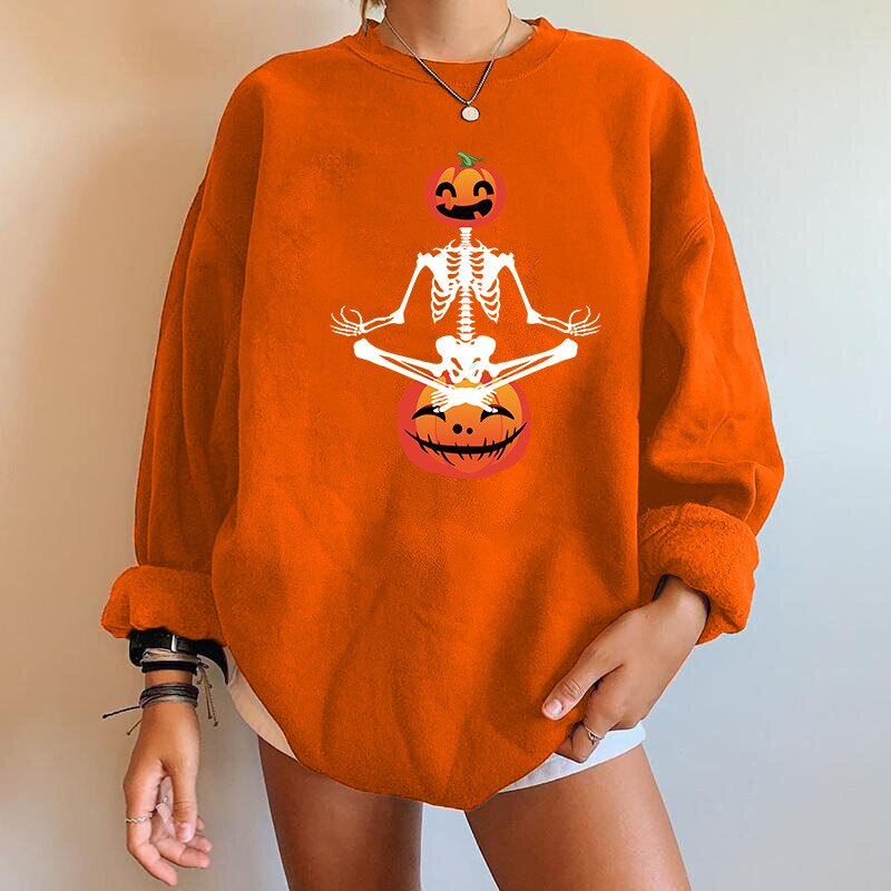 BoozRey Halloween Women Falling Shoulder Sweater Skeleton Pumpkin Head Ghost Face Sweater Long Sleeve Women Top Party Outfits Orange
