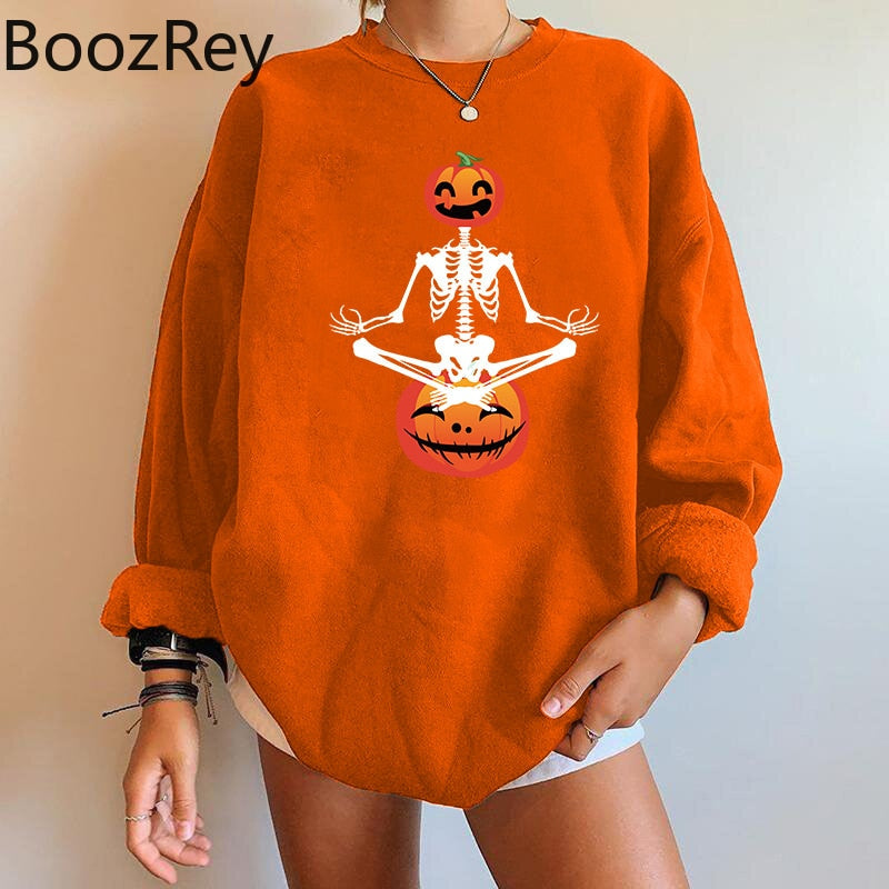 BoozRey Halloween Women Falling Shoulder Sweater Skeleton Pumpkin Head Ghost Face Sweater Long Sleeve Women Top Party Outfits