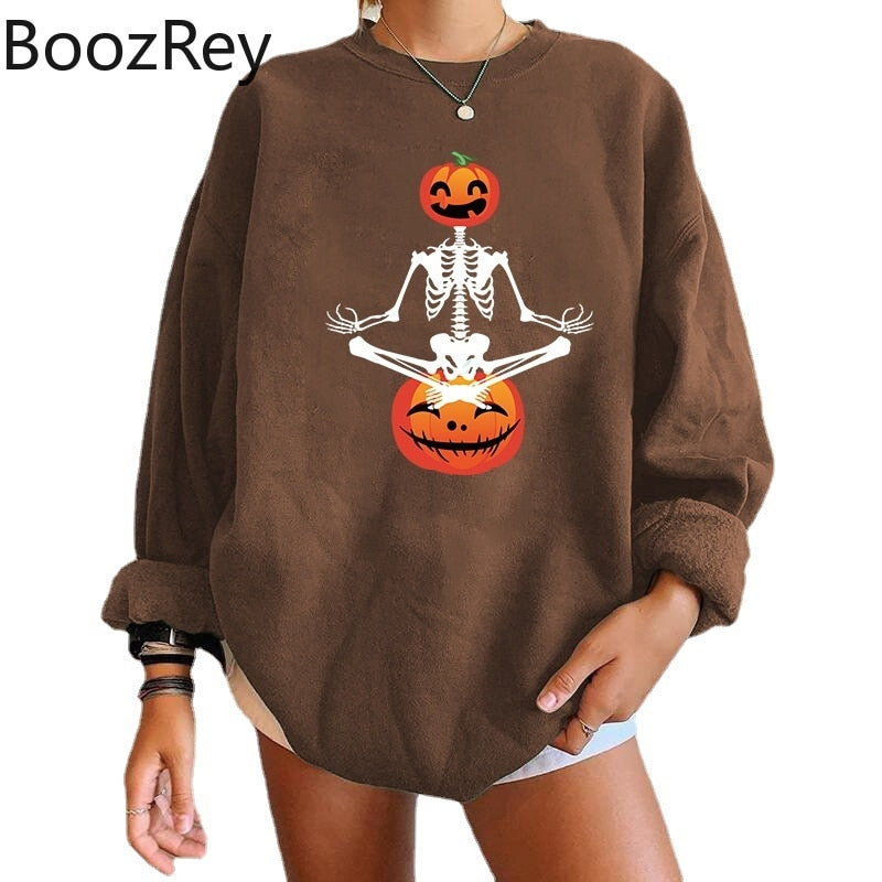 BoozRey Halloween Women Falling Shoulder Sweater Skeleton Pumpkin Head Ghost Face Sweater Long Sleeve Women Top Party Outfits