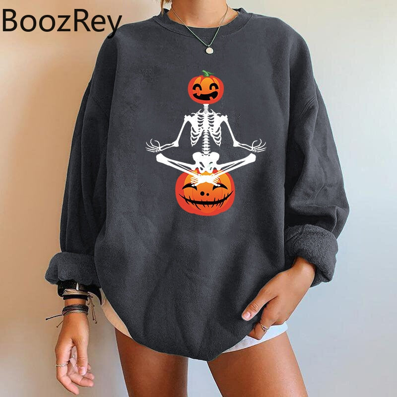 BoozRey Halloween Women Falling Shoulder Sweater Skeleton Pumpkin Head Ghost Face Sweater Long Sleeve Women Top Party Outfits