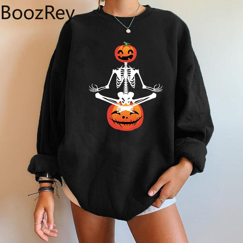 BoozRey Halloween Women Falling Shoulder Sweater Skeleton Pumpkin Head Ghost Face Sweater Long Sleeve Women Top Party Outfits AMAIO