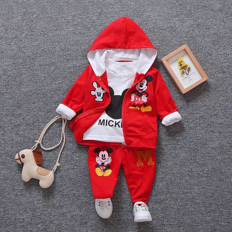 Boys Clothes Cartoon Mickey Minnie Printed Embroidery Autumn Long Sleeve Shirt&hooded Coat&oants 3pcs Child Toddler Girl Clothes AMAIO