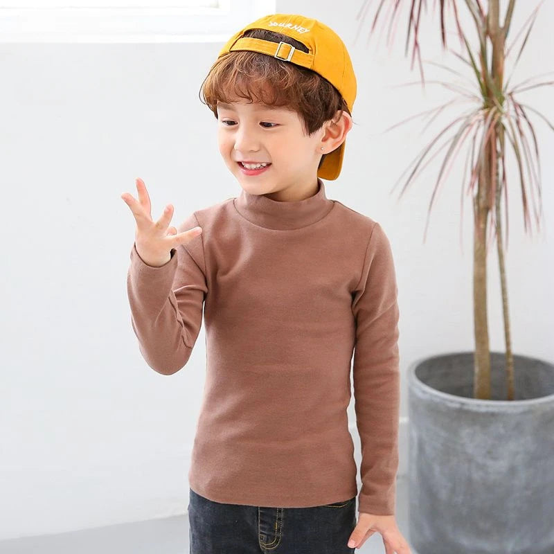 Boys' Half High Collar Underlay Shirt Children's Thickened Warm Mid Collar Versatile T-shirt Autumn/Winter Top Light coffee color