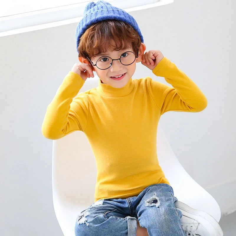 Boys' Half High Collar Underlay Shirt Children's Thickened Warm Mid Collar Versatile T-shirt Autumn/Winter Top yellow