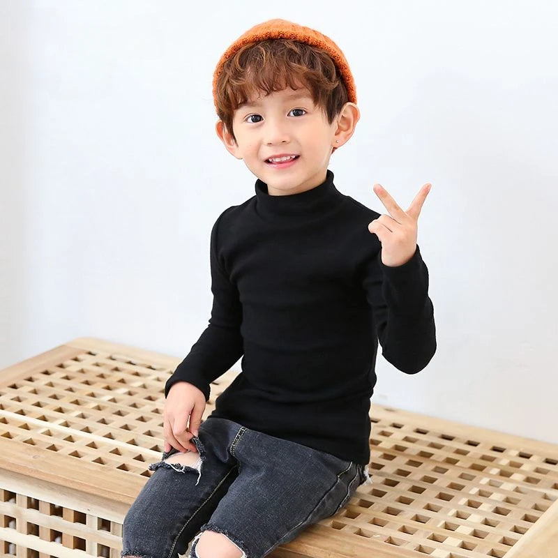 Boys' Half High Collar Underlay Shirt Children's Thickened Warm Mid Collar Versatile T-shirt Autumn/Winter Top black