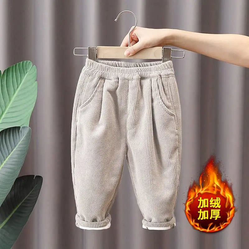 Boys' Plush Corduroy Pants for Winter Wear Children Integrated Velvet Warm Pants for Boy Autumn with Plush Outer Wear Beige