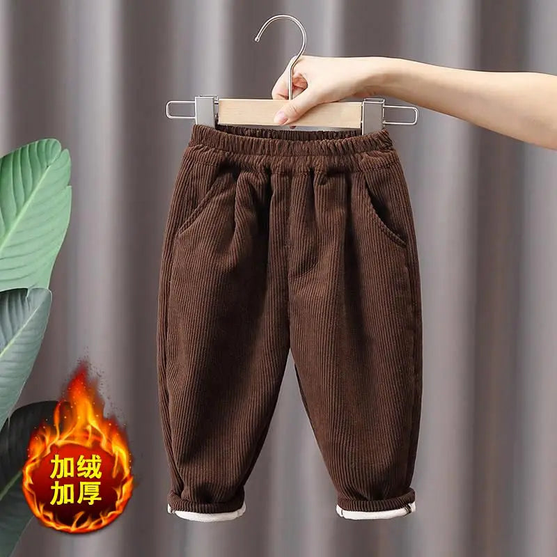 Boys' Plush Corduroy Pants for Winter Wear Children Integrated Velvet Warm Pants for Boy Autumn with Plush Outer Wear Khaki