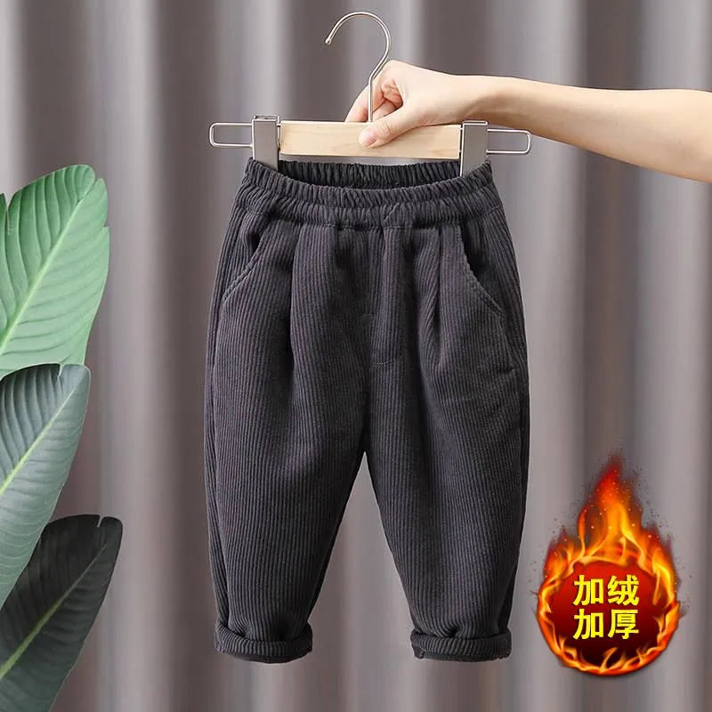 Boys' Plush Corduroy Pants for Winter Wear Children Integrated Velvet Warm Pants for Boy Autumn with Plush Outer Wear Dark Grey
