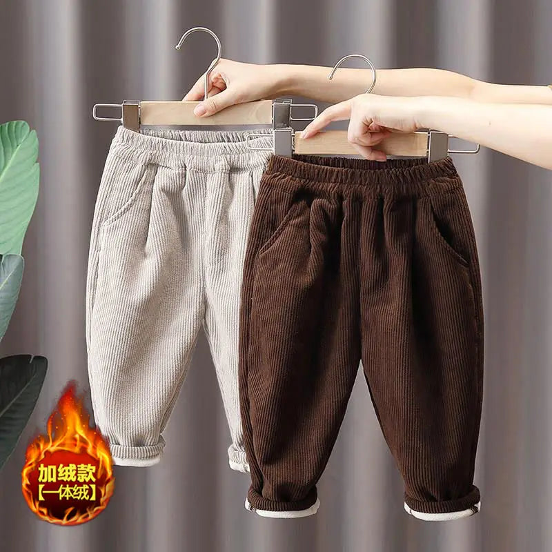 Boys' Plush Corduroy Pants for Winter Wear Children Integrated Velvet Warm Pants for Boy Autumn with Plush Outer Wear