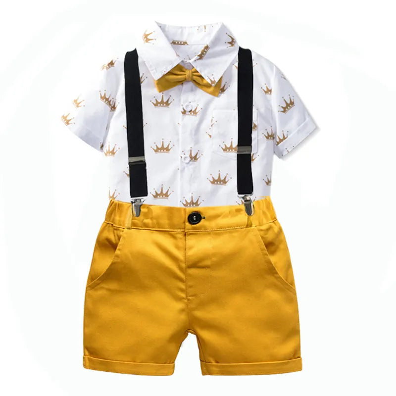 Boys Sets Clothing Summer Crown Print Polo T-Shirt White Shorts Yellow Bowtie Children's Clothing For Boy Kids Clothes Boys Boy Clothes Set1