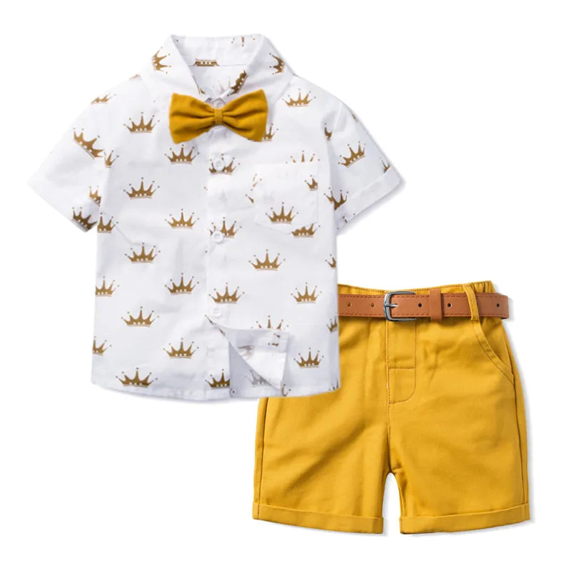 Boys Sets Clothing Summer Crown Print Polo T-Shirt White Shorts Yellow Bowtie Children's Clothing For Boy Kids Clothes Boys Boy Clothes Set
