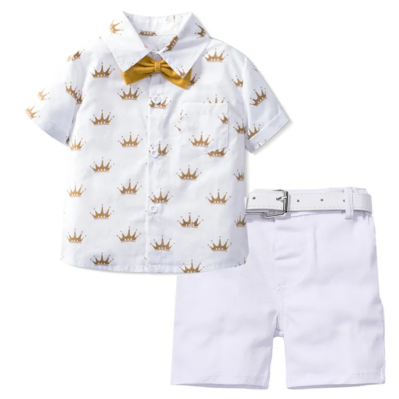 Boys Sets Clothing Summer Crown Print Polo T-Shirt White Shorts Yellow Bowtie Children's Clothing For Boy Kids Clothes Boys 03