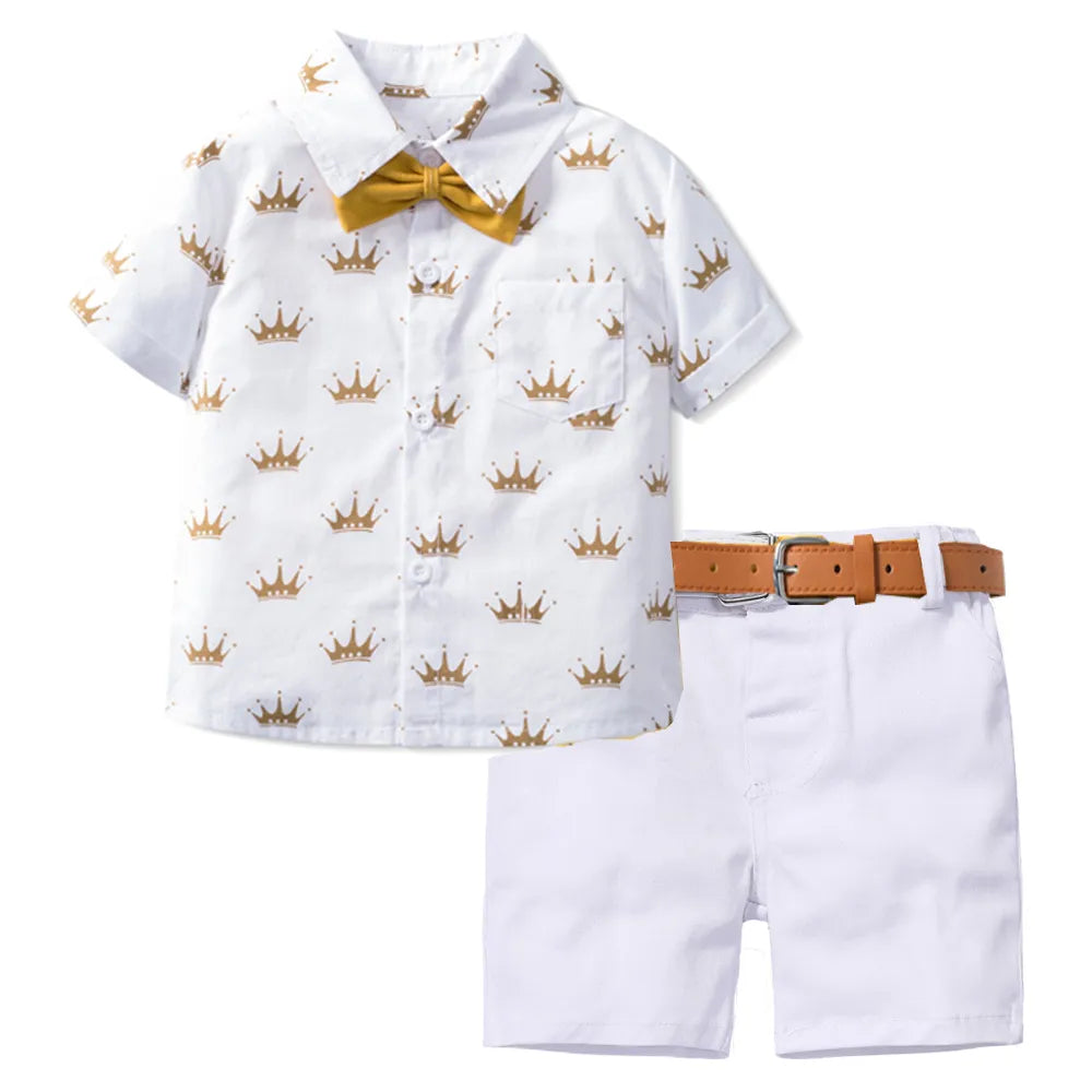 Boys Sets Clothing Summer Crown Print Polo T-Shirt White Shorts Yellow Bowtie Children's Clothing For Boy Kids Clothes Boys AMAIO