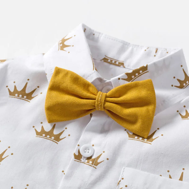 Boys Sets Clothing Summer Crown Print Polo T-Shirt White Shorts Yellow Bowtie Children's Clothing For Boy Kids Clothes Boys