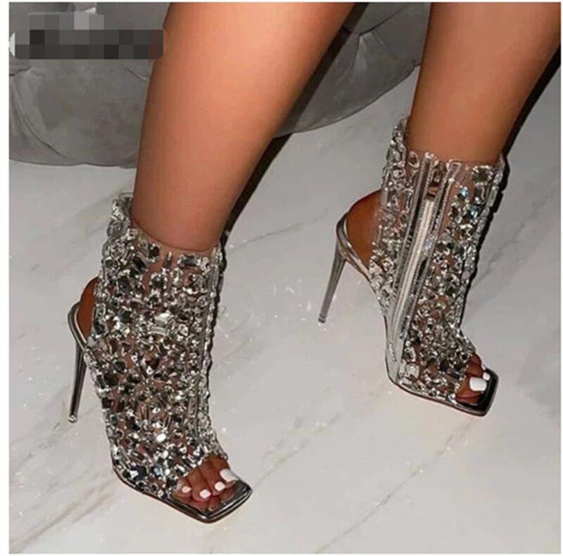 Brand Design 2024 New Crystal/rivet Zipper Sandals Stage Banquet Nightclub High Heels Women Shoes Apricot Silver Dress Matching XY6053silvery