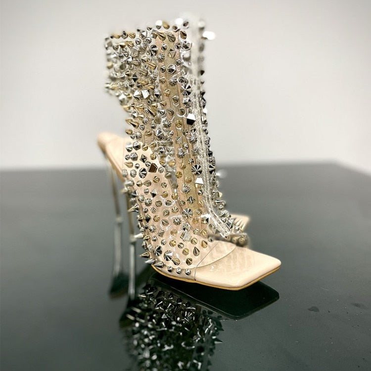 Brand Design 2024 New Crystal/rivet Zipper Sandals Stage Banquet Nightclub High Heels Women Shoes Apricot Silver Dress Matching BGJ-G651Apricot 10cm
