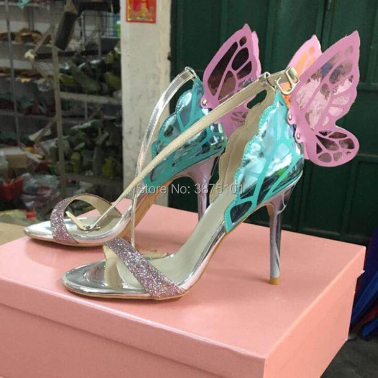 Brand Design Butterfly Back Sandals Angel Wing Sandalias Woman High Heels Buckle Strap Thin Heels Lady Pumps