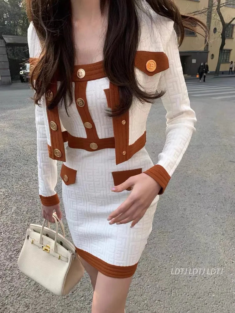 Brand Designer Autumn Clothes for Women 2024 Vintage Elegant Gold Buttons Knitted Cardigan + Mini Skirts Two Piece Sets Female