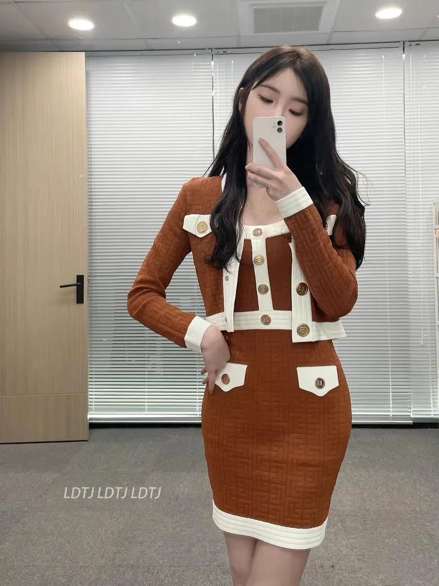 Brand Designer Autumn Clothes for Women 2024 Vintage Elegant Gold Buttons Knitted Cardigan + Mini Skirts Two Piece Sets Female Chocolate One Size