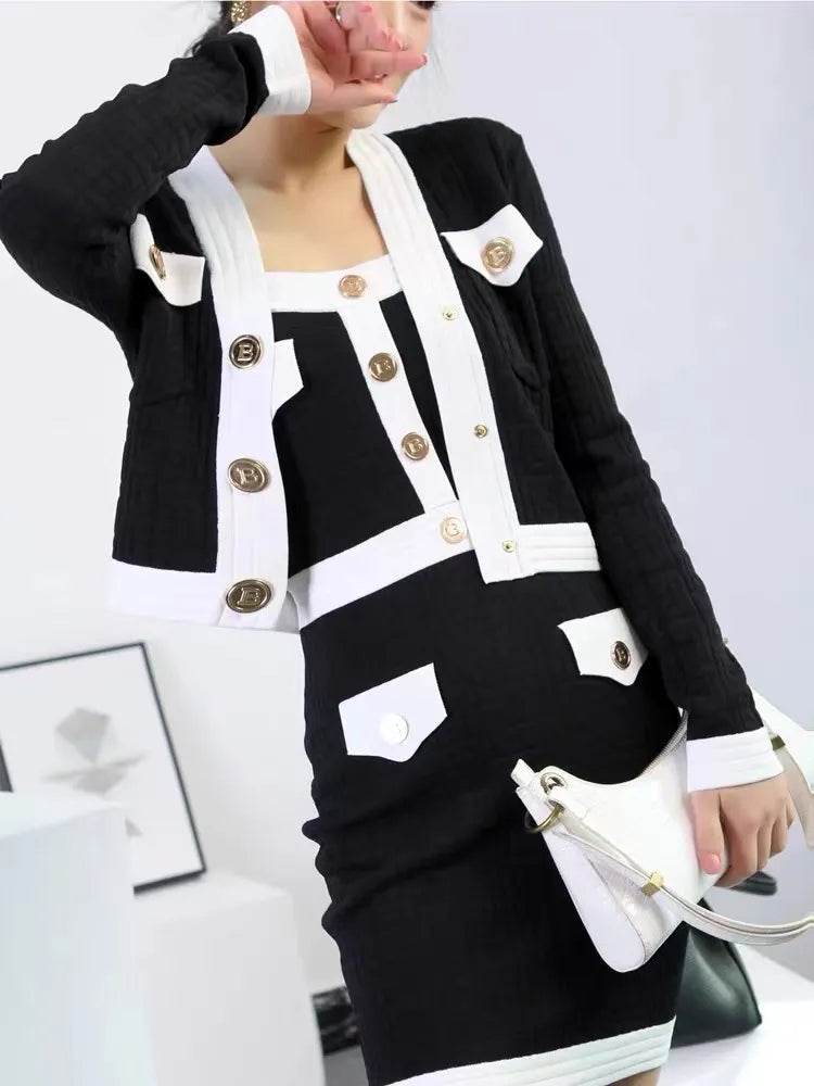 Brand Designer Autumn Clothes for Women 2024 Vintage Elegant Gold Buttons Knitted Cardigan + Mini Skirts Two Piece Sets Female Black One Size