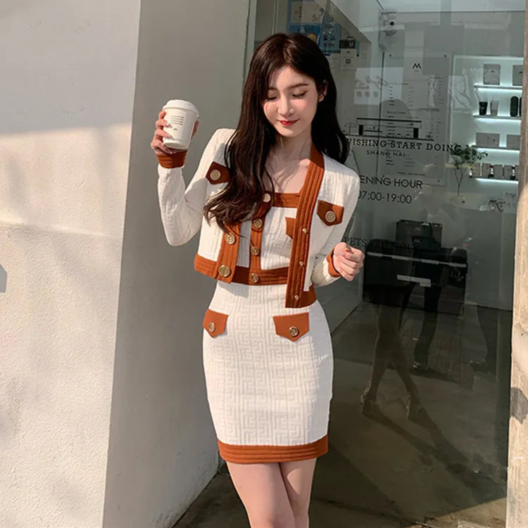 Brand Designer Autumn Clothes for Women 2024 Vintage Elegant Gold Buttons Knitted Cardigan + Mini Skirts Two Piece Sets Female White One Size