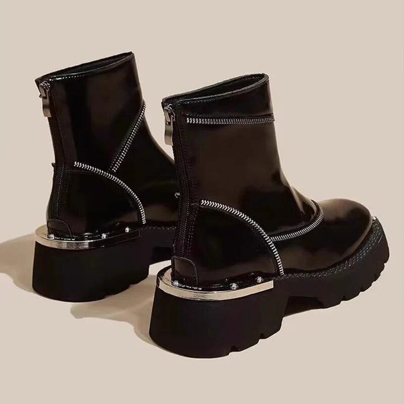 Brand Women Platform Shoes Mid Heels Zipper Chelsea Boots Winter 2024 Designer New Mujer Motocycle Boots Pumps Punk Ankle Botas