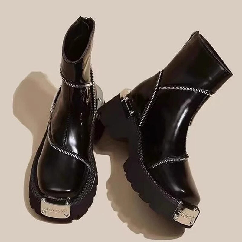 Brand Women Platform Shoes Mid Heels Zipper Chelsea Boots Winter 2024 Designer New Mujer Motocycle Boots Pumps Punk Ankle Botas Black-Single Side