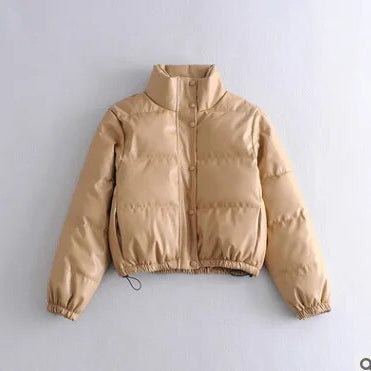 Bread Clothes Autumn Winter Leather Cotton Clothes American Style Collar Leather Jacket Women Warm Short Fashion Overcoming khaki